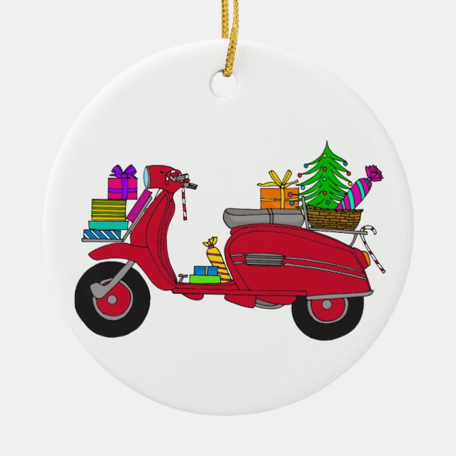 Hand drawn retro christmas scooter with gifts ceramic ornament (Front)