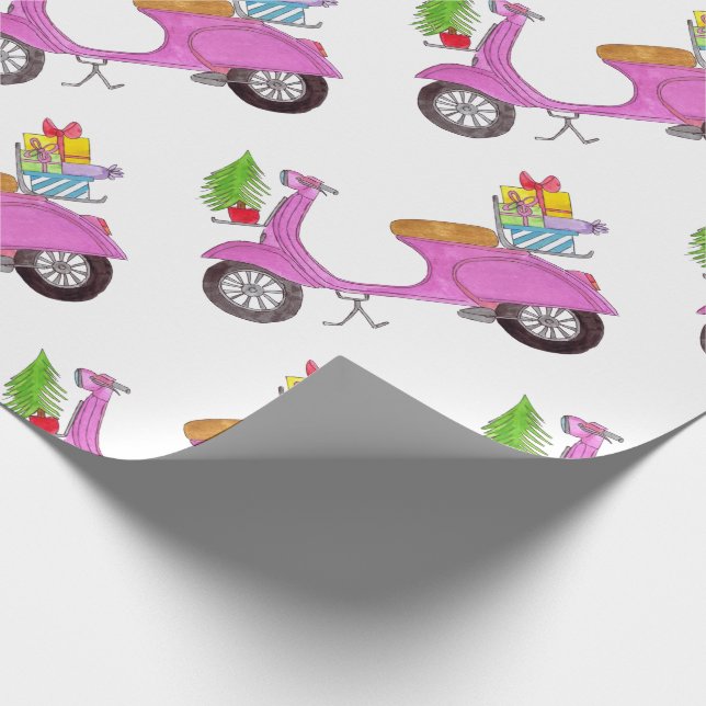 Hand drawn retro Christmas scooter Wrapping Paper (Corner)