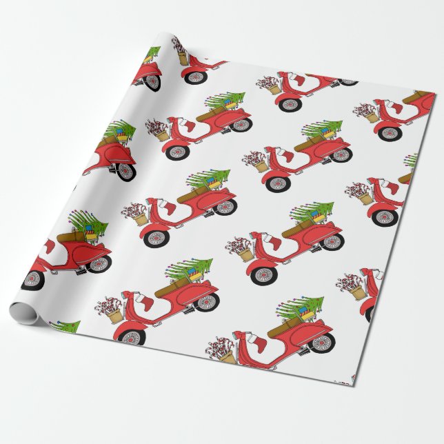 Hand drawn retro Christmas scooter Wrapping Paper (Unrolled)