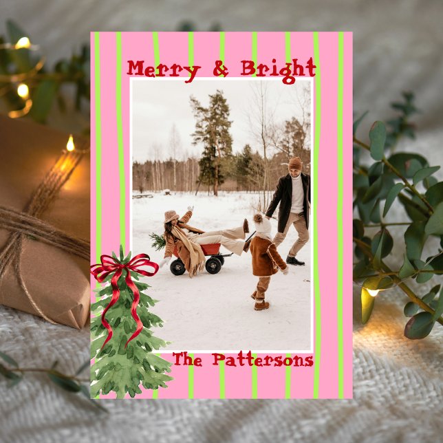 Hand Drawn Retro Citrus Green Pink Photo Christmas Holiday Card (Creator Uploaded)