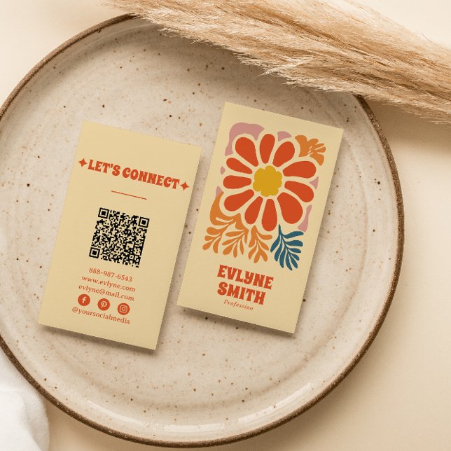 Hand Drawn Retro Colourful QR Code Boho 70s Floral Business Card (Creator Uploaded)