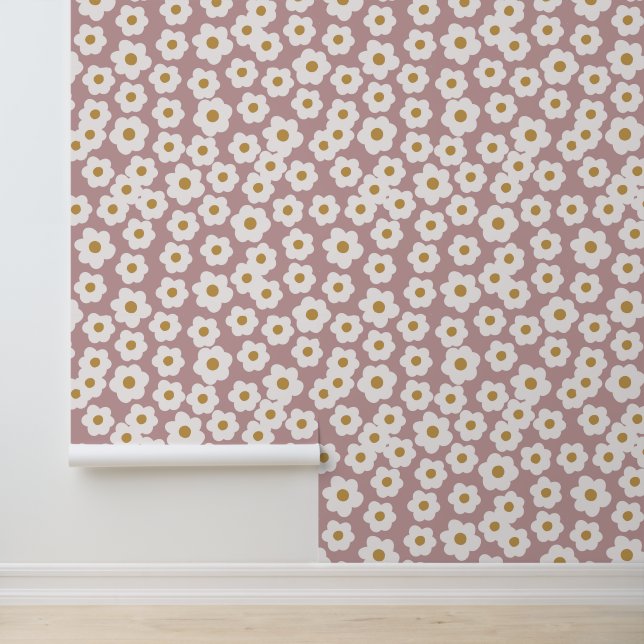 Hand Drawn Retro Dasies Pink Floral Wallpaper (Application)