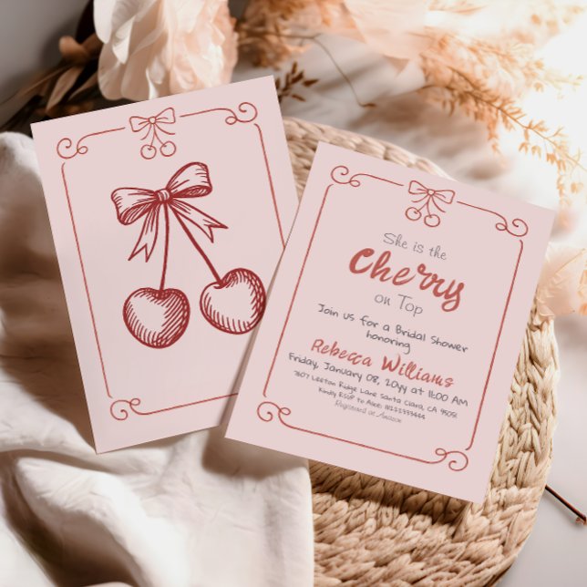 Hand Drawn Retro Pink Cherry Bow Bridal Shower Invitation (Creator Uploaded)