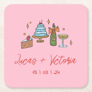 Hand Drawn Retro Pink Contemporary Art Wedding Square Paper Coaster
