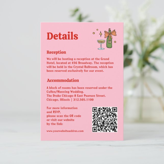 Hand Drawn Retro Pink QR Code Wedding Information  Enclosure Card (Standing Front)