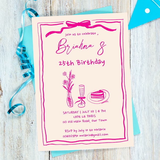 Hand drawn retro pink ribbon adults birthday invitation (Hand drawn retro vintage pink ribbon birthday party invitation template digital download whimsical)
