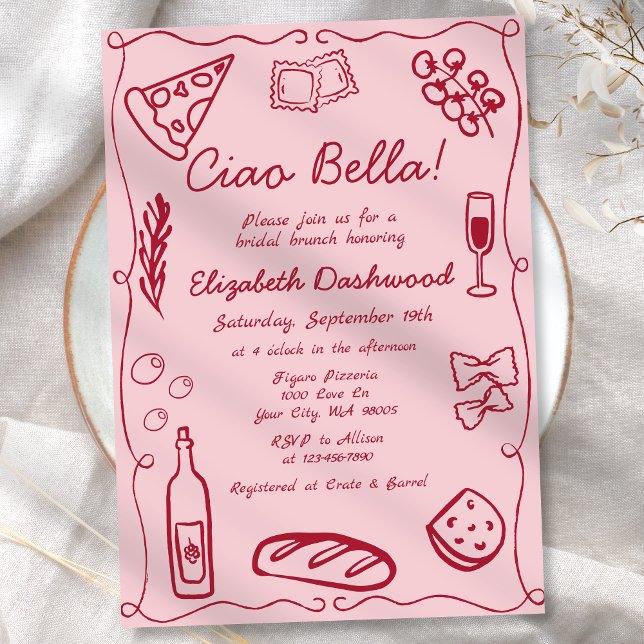 Hand Drawn Retro Red Italian Casual Bridal Brunch Invitation (Creator Uploaded)