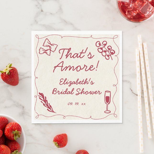 Hand Drawn Retro Red Italian Casual Bridal Brunch Napkin (Insitu)