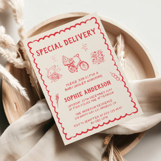Hand Drawn Retro Red Special Delivery Baby Shower Invitation