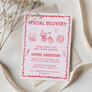 Hand Drawn Retro Red Special Delivery Baby Shower Invitation