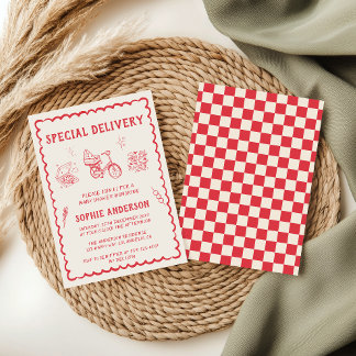 Hand Drawn Retro Red Special Delivery Baby Shower Invitation
