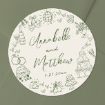 Hand Drawn Retro Wedding Classic Round Sticker<br><div class="desc">Personalised Hand-Drawn Quirky Wedding Stickers. These fun and playful round wedding stickers feature quirky doodle illustrations surrounding the edges in olive green against an ivory background, creating a soft retro look that feels perfect for an Italian or European-inspired celebration. Elements like a champagne tower, wedding cake, disco ball, hearts, wedding...</div>