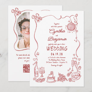 Hand Drawn Retro Whimsical Burgundy Wedding Photo Invitation
