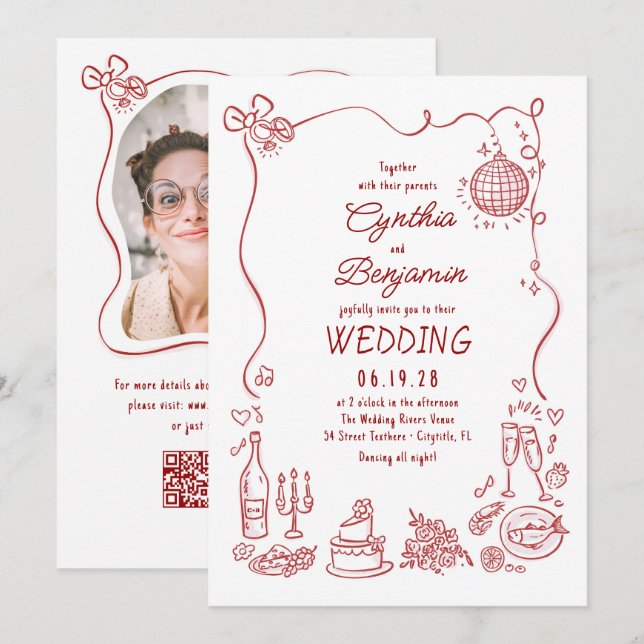 Hand Drawn Retro Whimsical Burgundy Wedding Photo Invitation (Front/Back)
