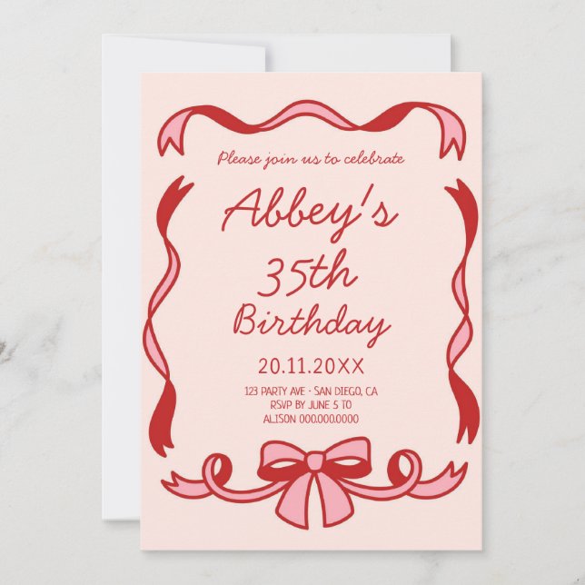 Hand Drawn ribbon  Birthday invitation (Front)