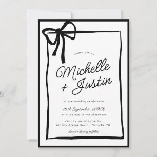 Hand Drawn Ribbon Bow Black White Wedding Invitation