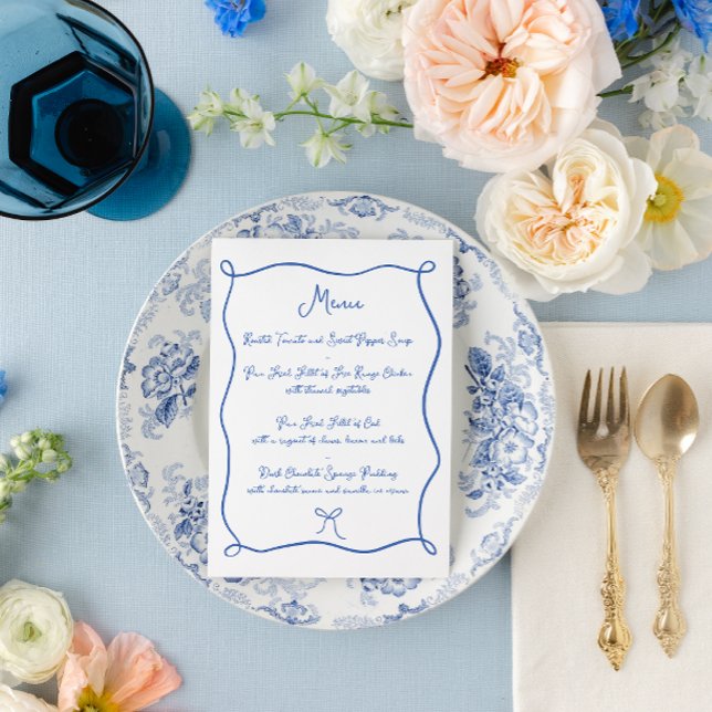 Hand Drawn Ribbon & Bow French Blue Wedding Menu (Creator Uploaded)