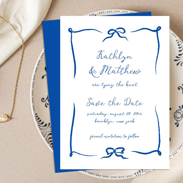 Hand Drawn Ribbon Doodle French Blue Modern Save The Date (Creator Uploaded)