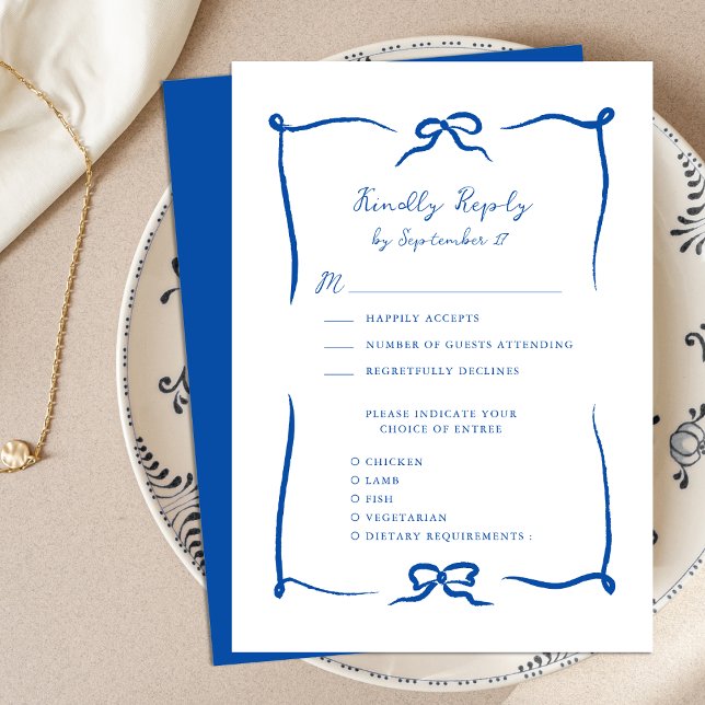 Hand Drawn Ribbon Doodle French Blue Wedding RSVP Card (Creator Uploaded)