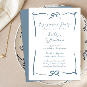Hand Drawn Ribbon Dusty Blue Engagement Party Invitation