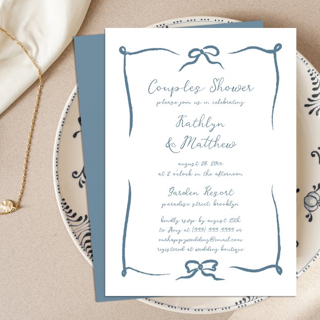 Hand Drawn Ribbon Dusty Blue Modern Couples Shower Invitation (Creator Uploaded)