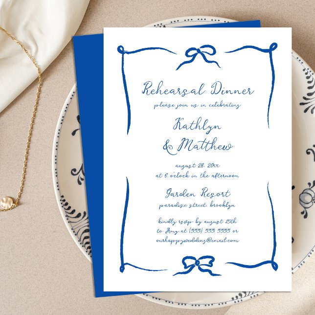 Hand Drawn Ribbon French Blue Rehearsal Dinner Invitation (Creator Uploaded)