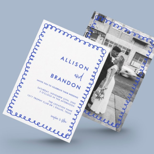 Hand Drawn Ribbon French Blue Wedding Photo Invitation (Creator Uploaded)