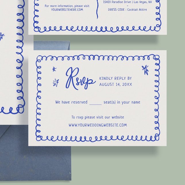 Hand Drawn Ribbon French Blue Wedding RSVP Cards (Creator Uploaded)