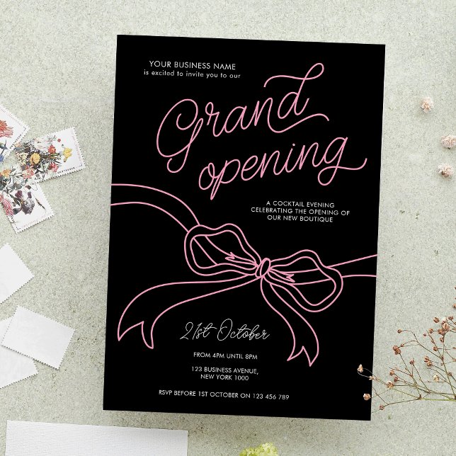 Hand Drawn Ribbon Unique Black Pink Grand Opening Invitation (Modern pink and black business grand opening invitation with pink bow illustration on the front)