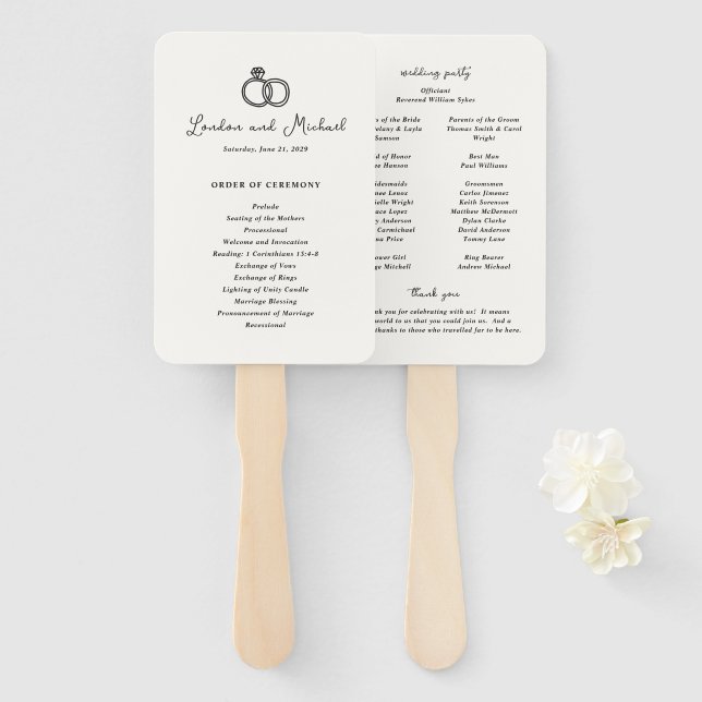 Hand Drawn Rings Doodle Modern Wedding Program Hand Fan (Front and Back)