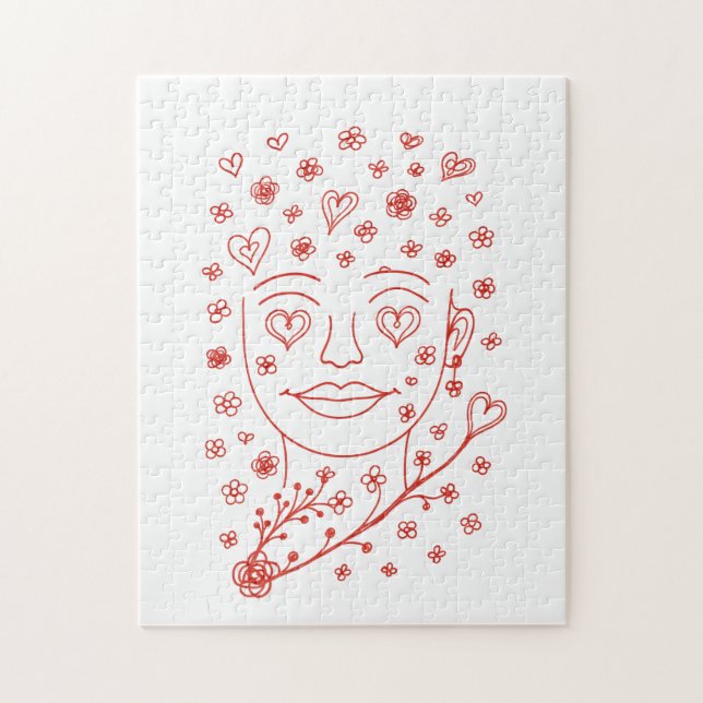 Hand-Drawn Romantic Line Art Face with Hearts and  Jigsaw Puzzle (Vertical)