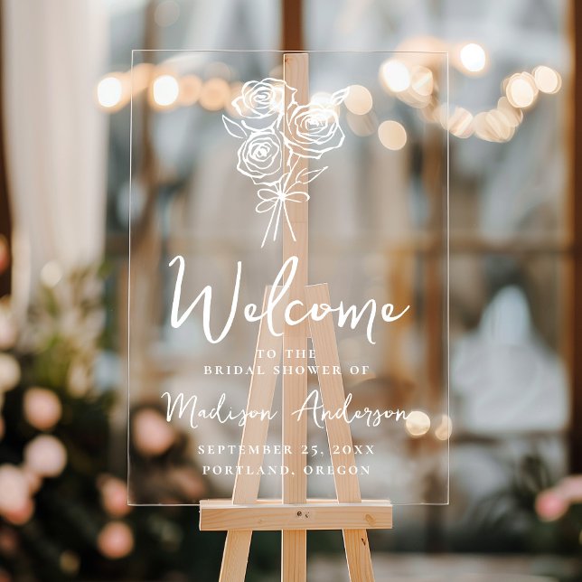 Hand-Drawn Rose Bouquet Bridal Shower Welcome Acrylic Sign (Creator Uploaded)
