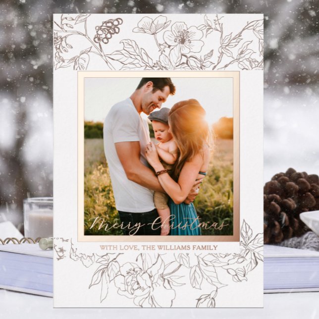 Hand Drawn Rose Gold & White Floral Christmas Foil Holiday Card (Hand drawn floral Christmas Holiday Photo card with rose gold foil wildflowers with white background)