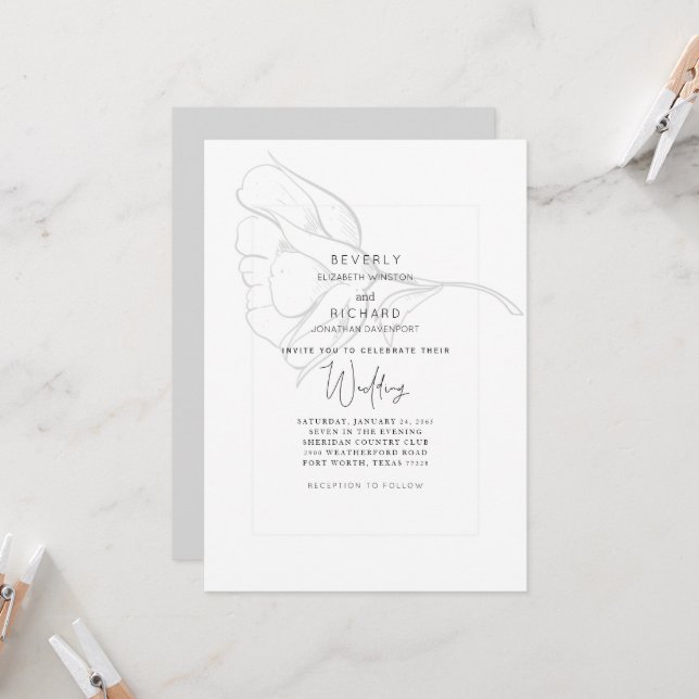 Hand-Drawn Rose Simple White Wedding Invitation (Front/Back In Situ)