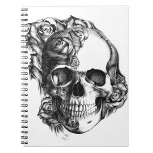 Hand drawn rose skull in black and white. notebook
