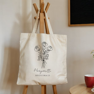 Hand Drawn Roses bouquet black Bridesmaid Name Tote Bag