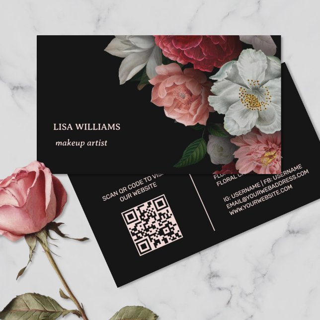 Hand Drawn Roses Flower Black Business Card (Creator Uploaded)