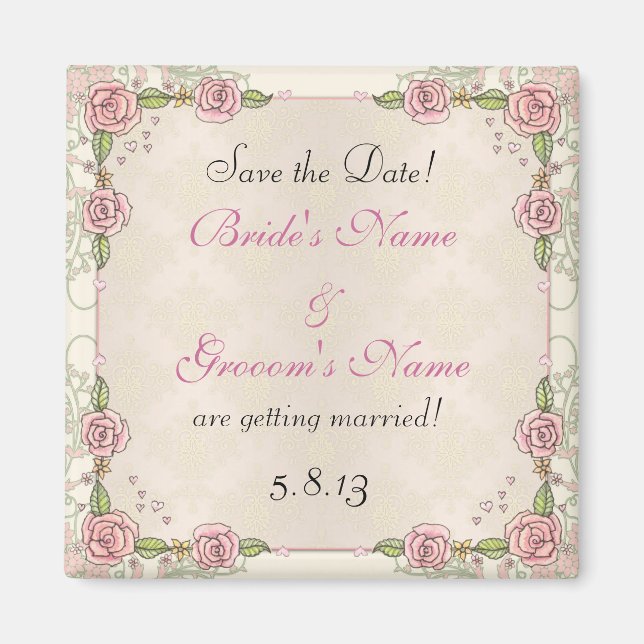Hand Drawn Roses Pink Wedding Save the Date Magnet (Front)