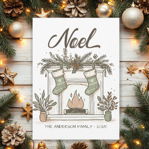 Hand Drawn Rustic Fireplace Noel Christmas Holiday Card