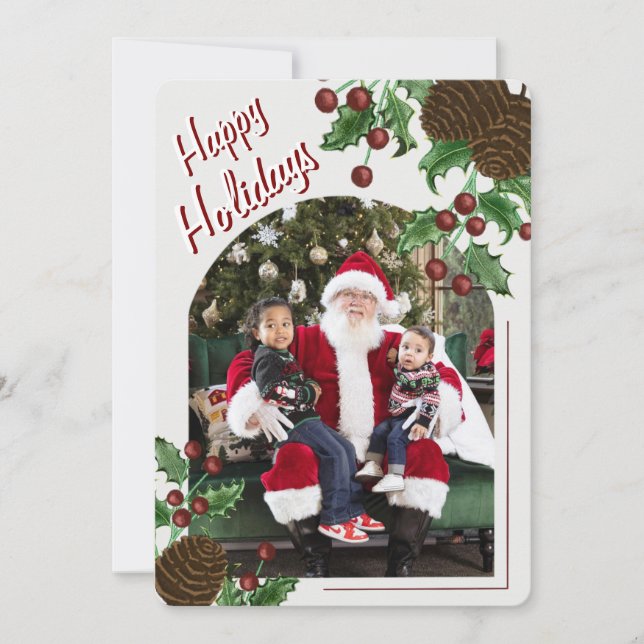 Hand Drawn Rustic Pinecone & Holly Christmas Photo Holiday Card (Front)