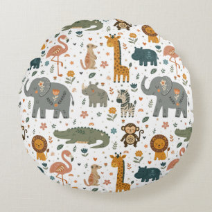 Hand Drawn Safari Animal Print Round Pillow