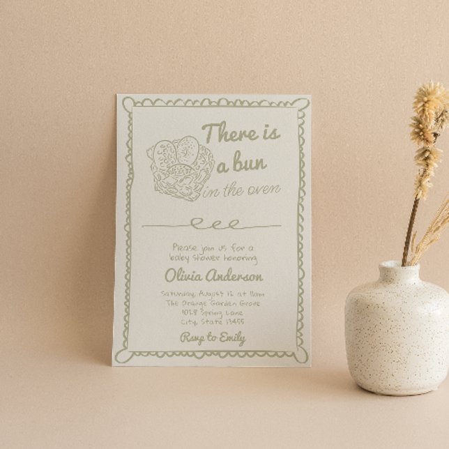 Hand Drawn Sage Green Bun In The Oven Baby Shower Invitation (Creator Uploaded)