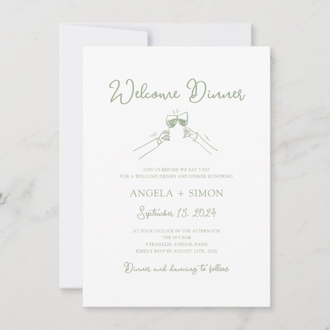 Hand drawn Sage Green Welcome Dinner Invitation (Front)