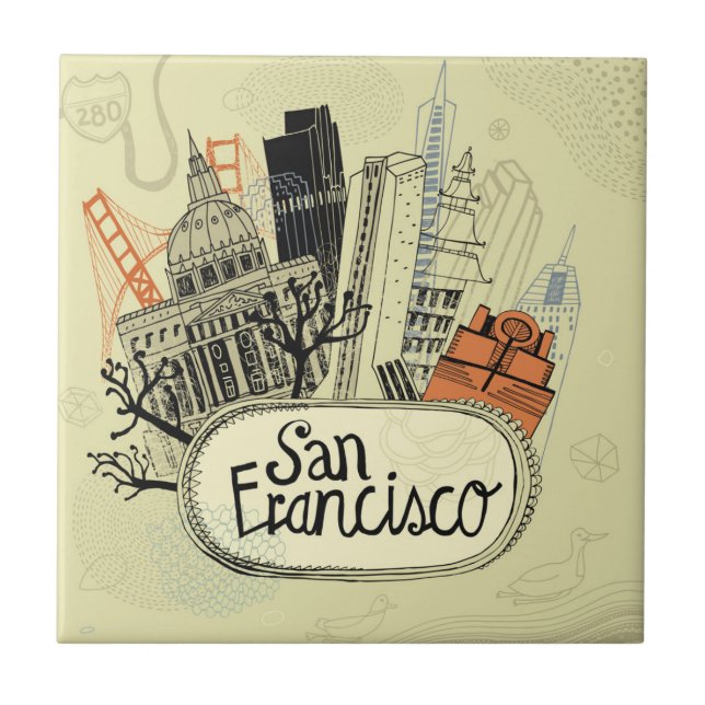Hand Drawn San Francisco Ceramic Tile (Front)