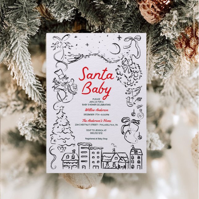 Hand Drawn Santa Baby Christmas Baby Shower Invitation (Creator Uploaded)
