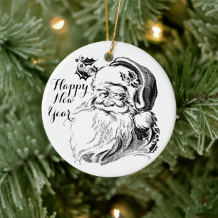 Hand-Drawn Santa: Vintage Joy - Happy New Year Ceramic Ornament