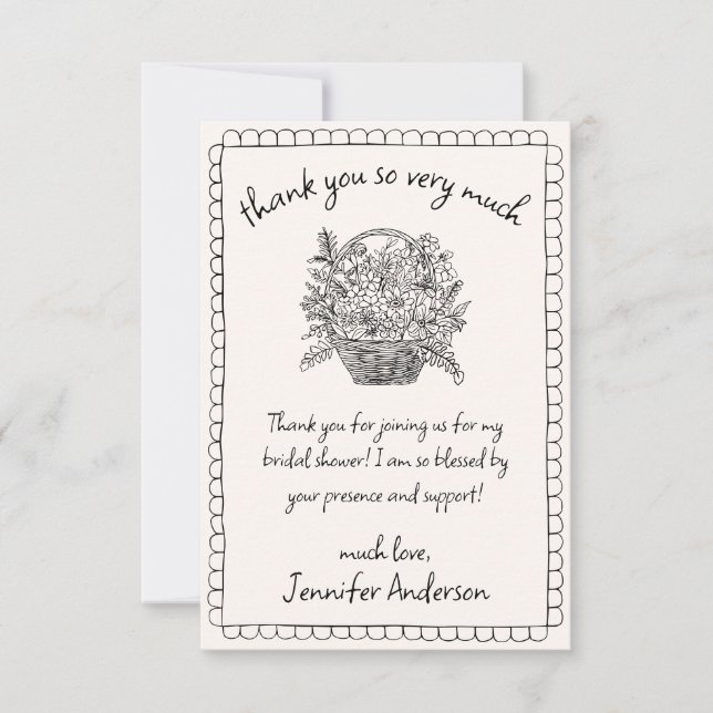 Hand Drawn Scallop Doodle Floral Basket Thank You Card (Front)