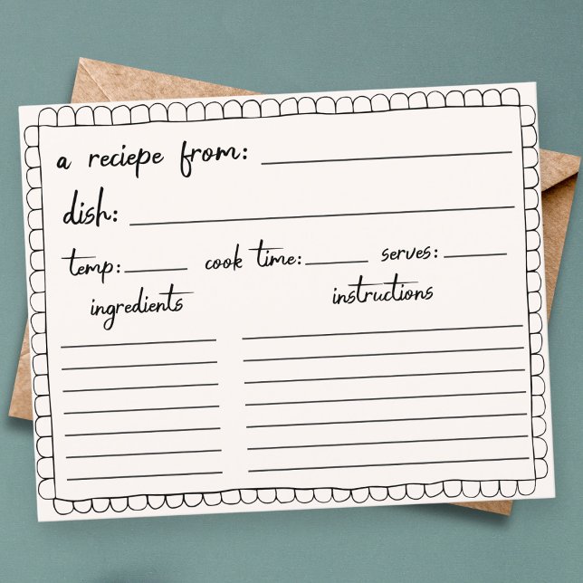 Hand drawn scallop doodle shower recipe card (hand drawn doodle scallop border recipe card bridal shower card wedding shower games activities)