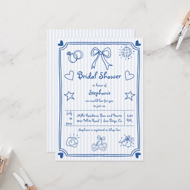  Hand drawn scribble blue stripes bridal shower Invitation (Front/Back In Situ)
