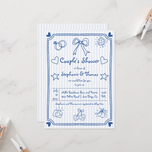  Hand drawn scribble blue stripes couple's shower Invitation (Front/Back In Situ)